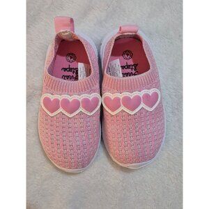 Knitted Pink Baby Slip-On Shoes With Heart Design & White Soles